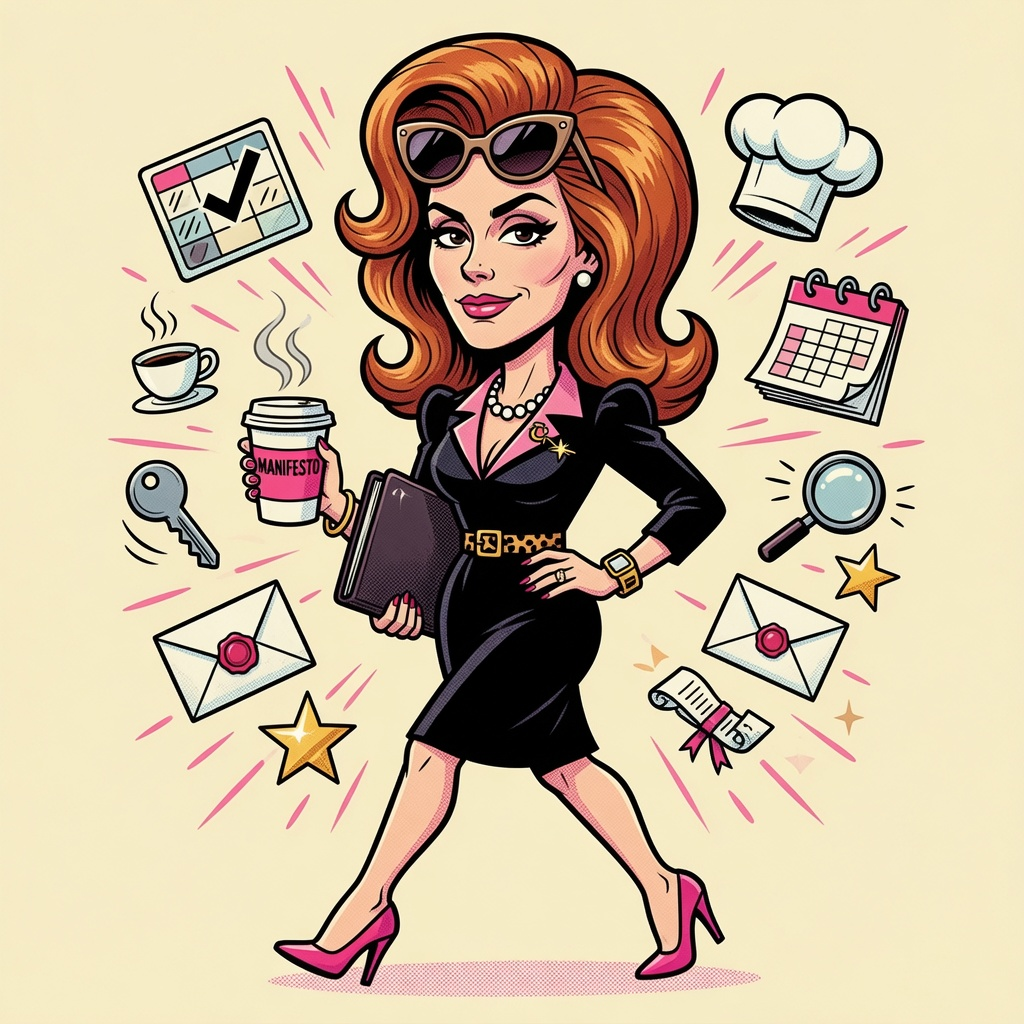 Donna Paulson, Chief of Staff — full-body caricature in 60s pop-art style, copper-red hair, pink collar, MANIFESTO coffee cup, surrounded by floating planning icons